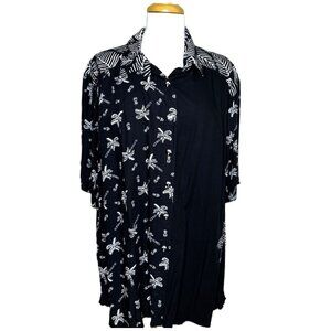 Vintage 90s Women's Black Bedazzled Palm Tree Hawaiian Tunic Button-Up, Size 3X